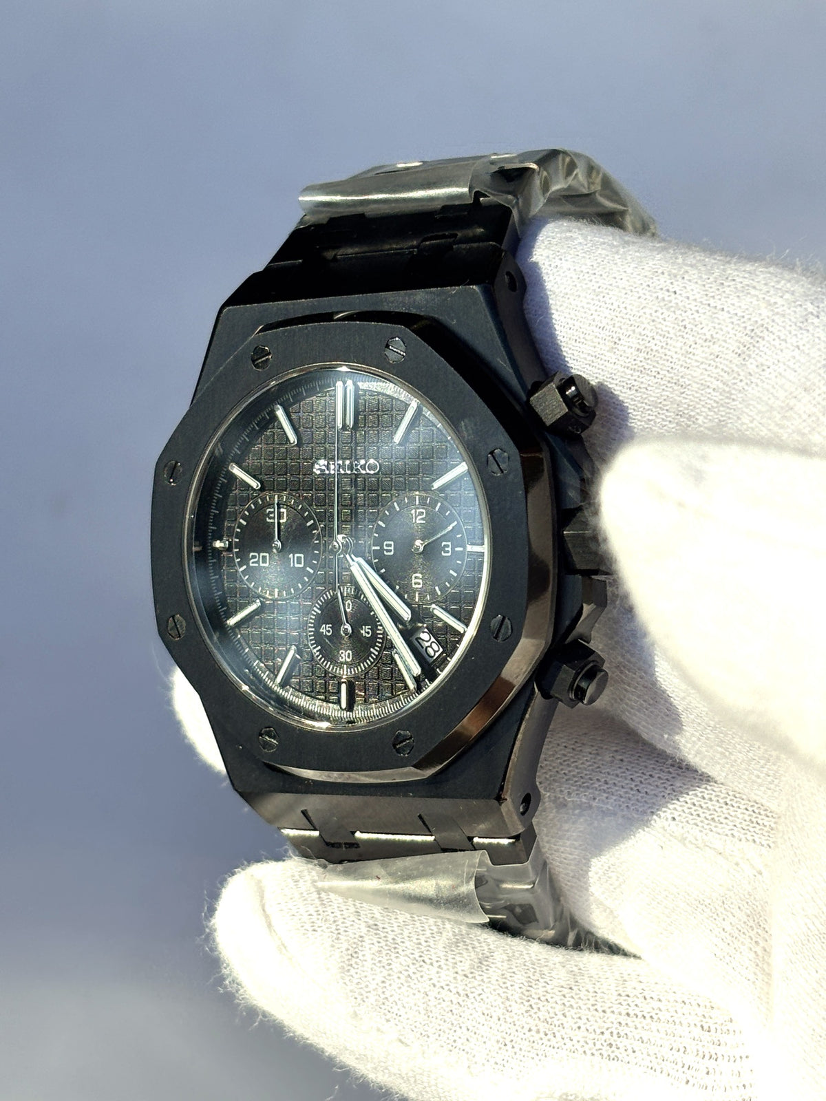 Seiko MOD kronográf karóra, fekete PVD, fekete számlap, 41 mm, VK63 | Blackout