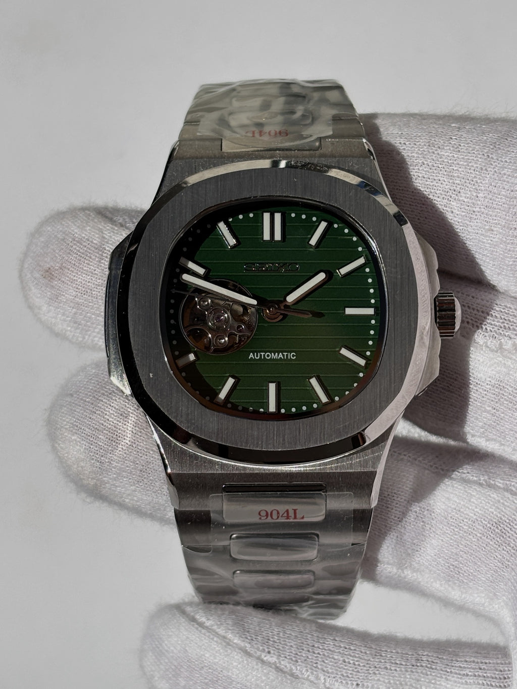 Seiko MOD automata karóra, acél, zöld számlap, nyitott szív (open heart), 41 mm, NH34 | Green Heart