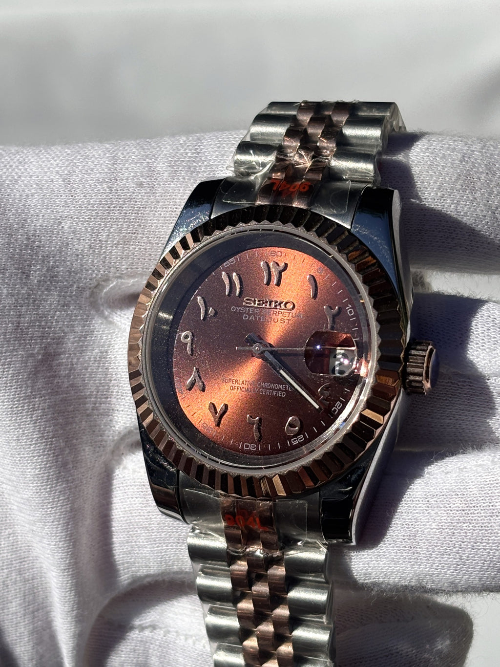 Seiko MOD automata karóra, rose gold/acél, réz számlap, arab írású számok, 39 mm, NH34 | Copper Sun