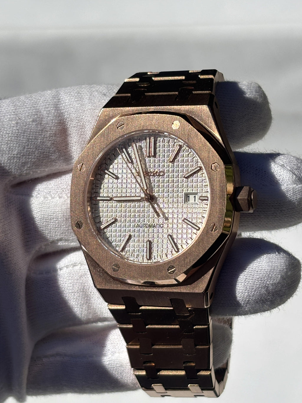 Seiko MOD automata karóra, rose gold, ezüst számlap, 41 mm, NH34 | Rose Dawn