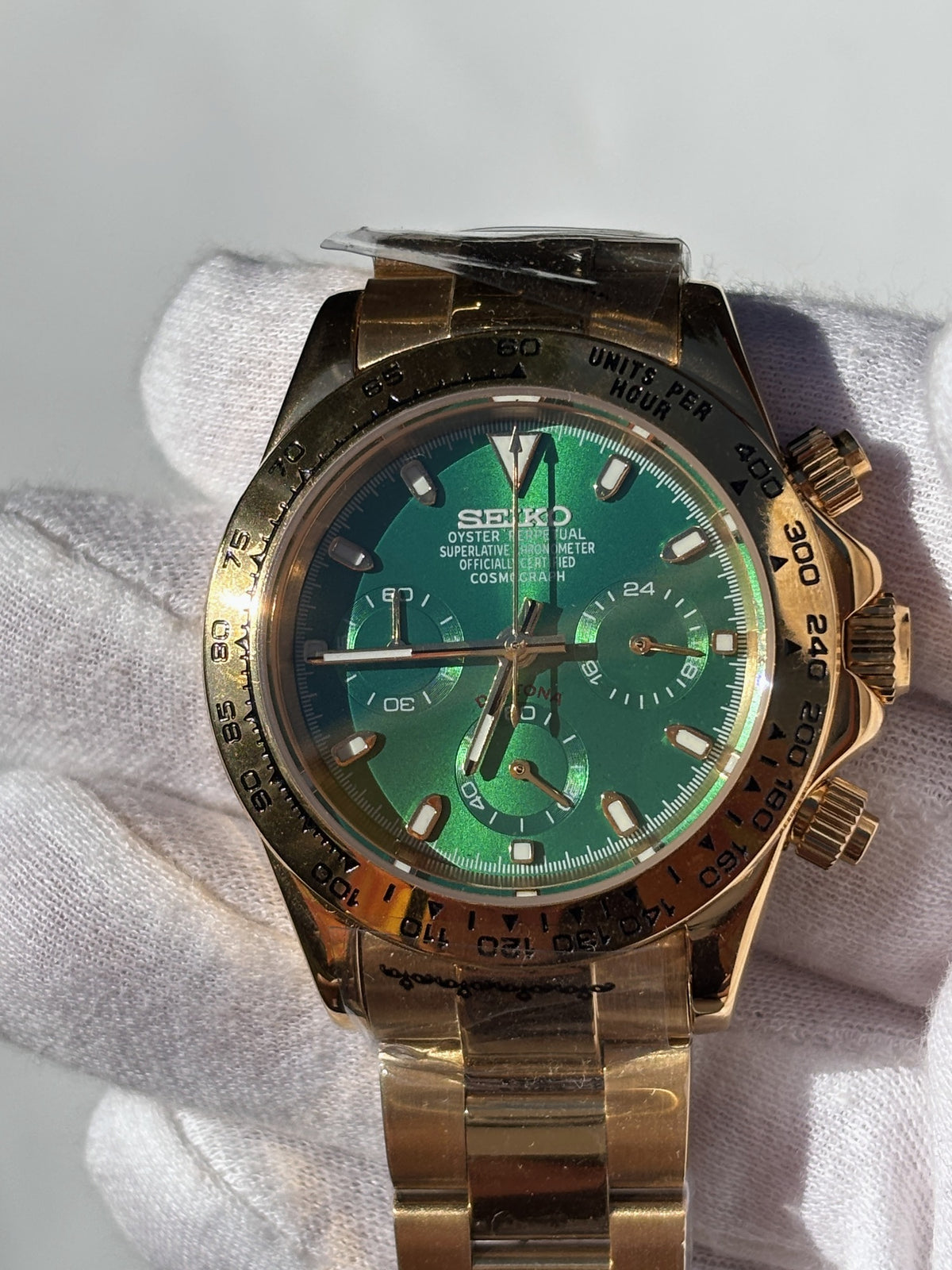 Seiko MOD kronográf karóra, arany, zöld számlap, 40 mm, VK63 | Lime