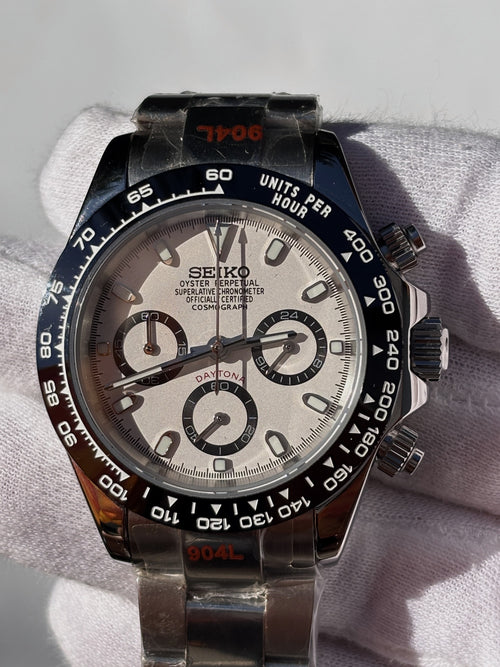 Seiko MOD automata karóra, acél, fehér számlap, alszámlapok, fekete lünetta, 40 mm, NH34 | Glacier