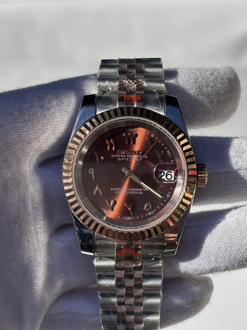 Seiko MOD automata karóra, rose gold/acél, réz számlap, arab írású számok, 39 mm, NH34 | Copper Sun