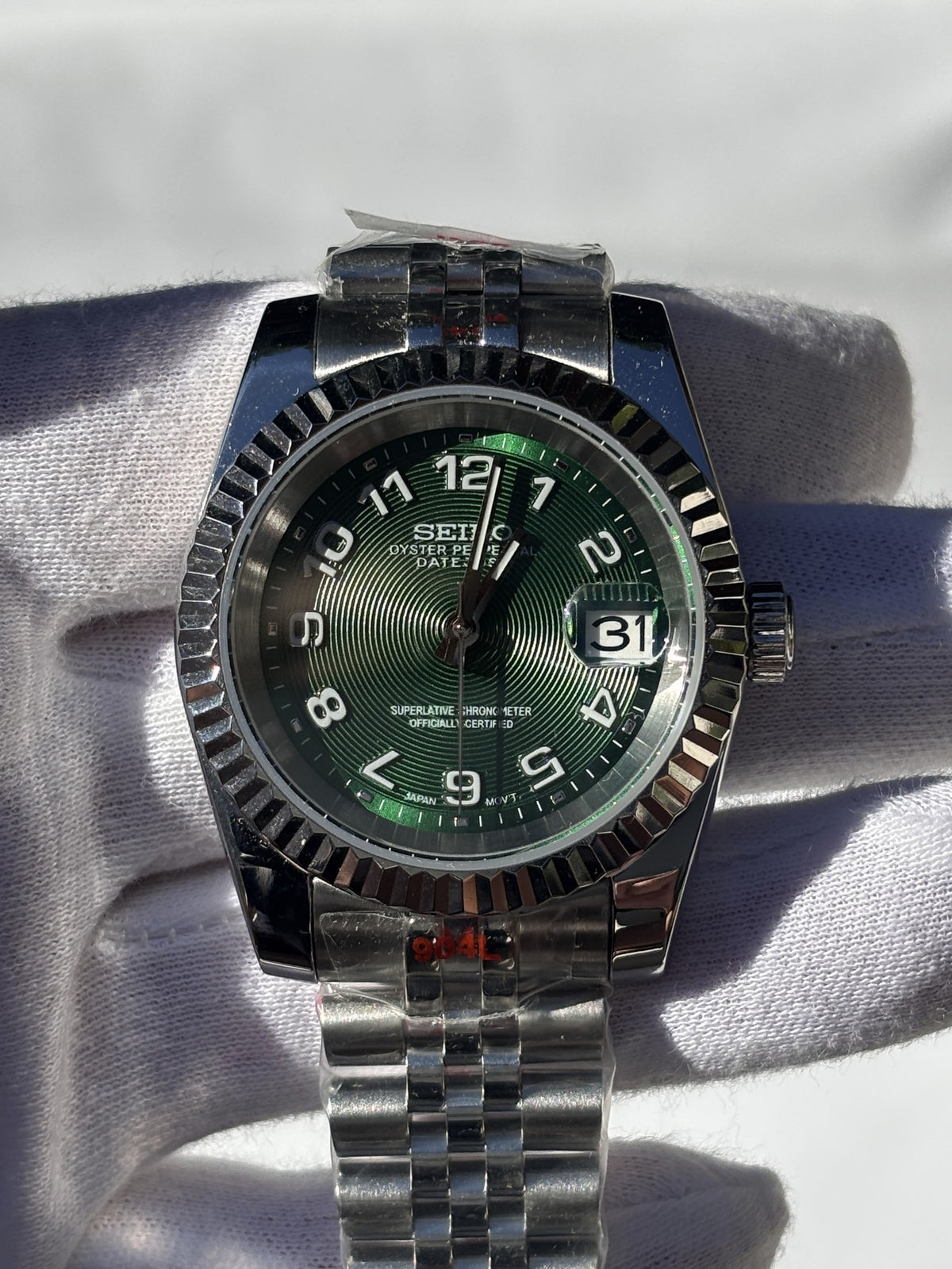 Seiko MOD automata karóra, acél, zöld számlap, arab számok, 39 mm, NH34 | Green Casino