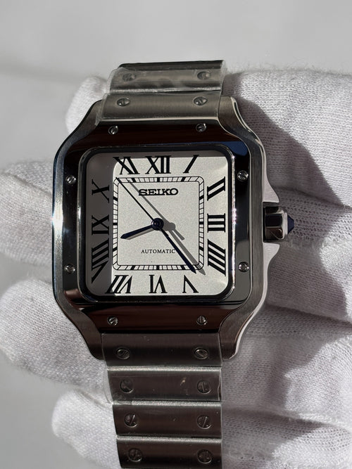 Seiko MOD automata karóra, acél, fehér számlap, római számok, 38 mm, NH34 | Linen