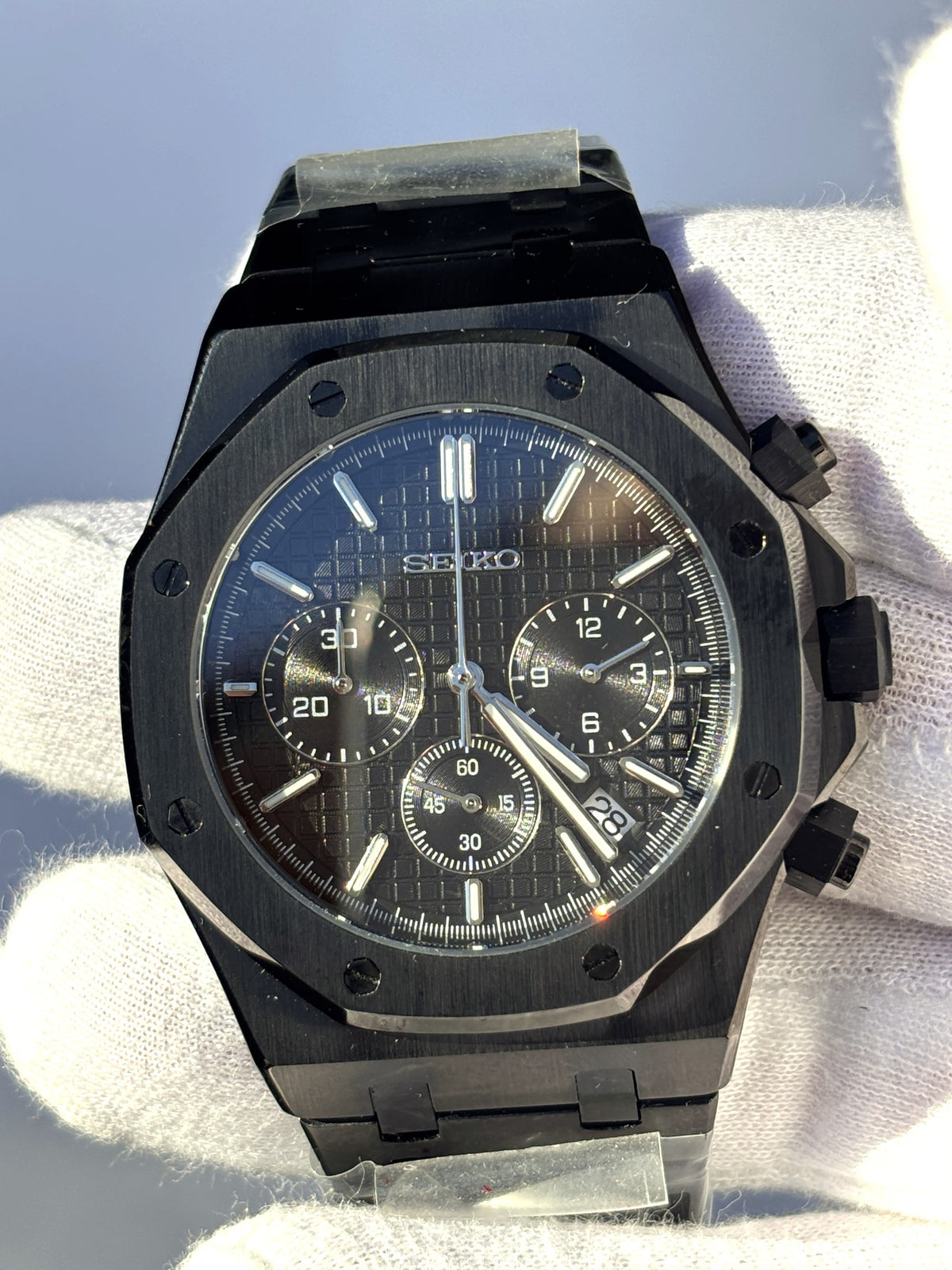 Seiko MOD kronográf karóra, fekete PVD, fekete számlap, 41 mm, VK63 | Blackout