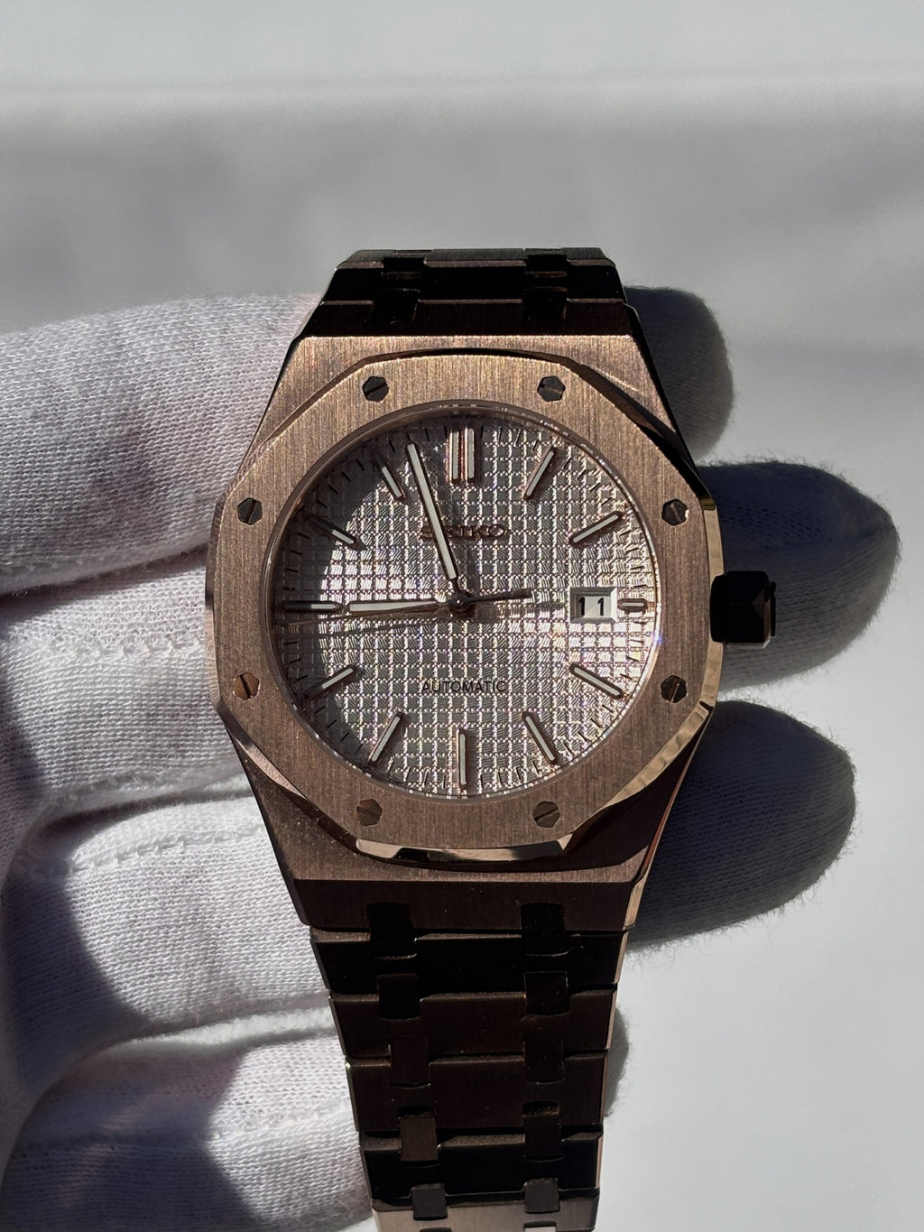 Seiko MOD automata karóra, rose gold, ezüst számlap, 41 mm, NH34 | Rose Dawn