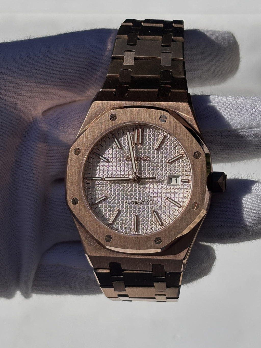 Seiko MOD automata karóra, rose gold, ezüst számlap, 41 mm, NH34 | Rose Dawn