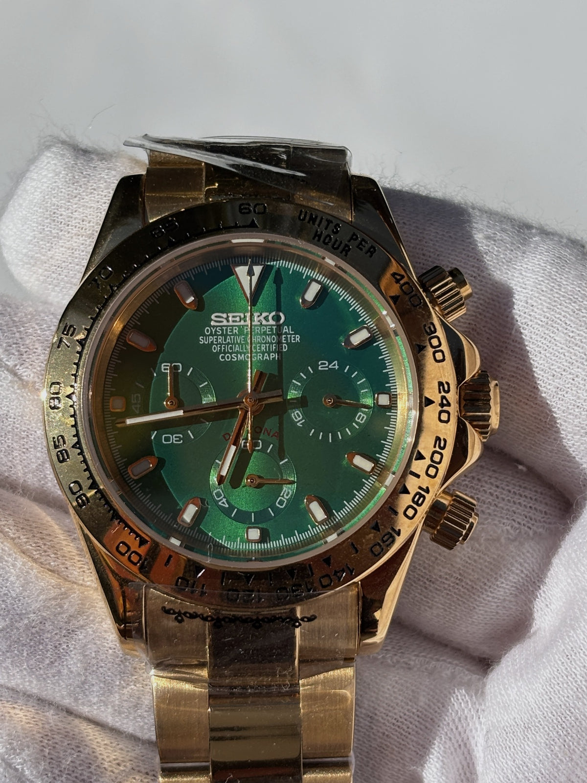 Seiko MOD kronográf karóra, arany, zöld számlap, 40 mm, VK63 | Lime