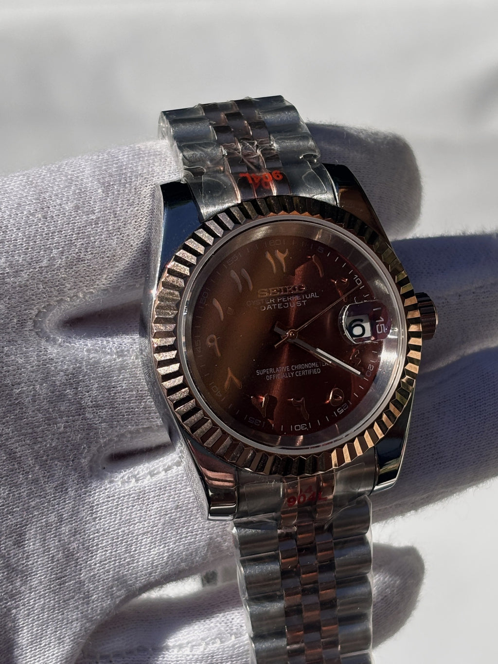 Seiko MOD automata karóra, rose gold/acél, réz számlap, arab írású számok, 39 mm, NH34 | Copper Sun
