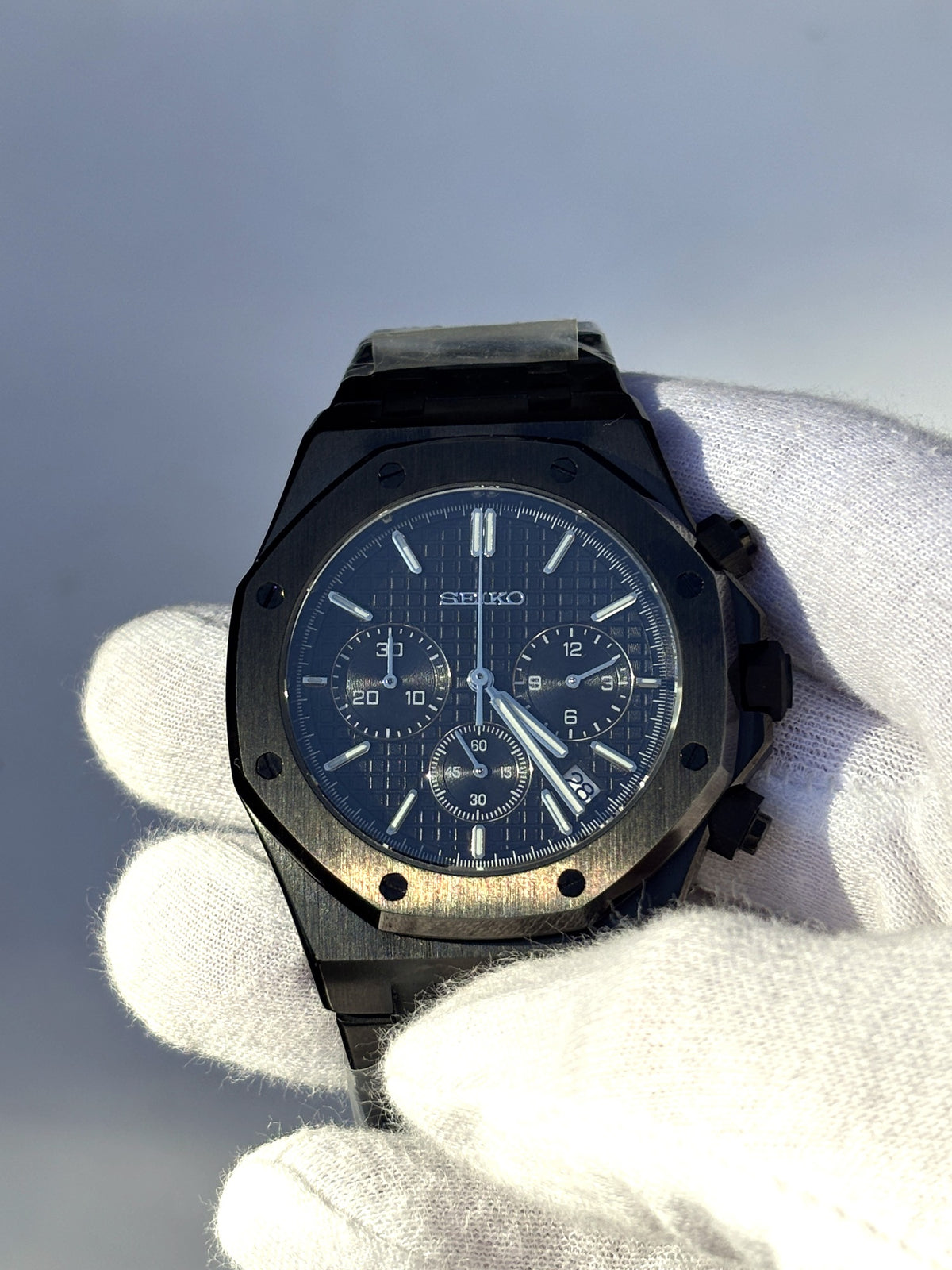 Seiko MOD kronográf karóra, fekete PVD, fekete számlap, 41 mm, VK63 | Blackout
