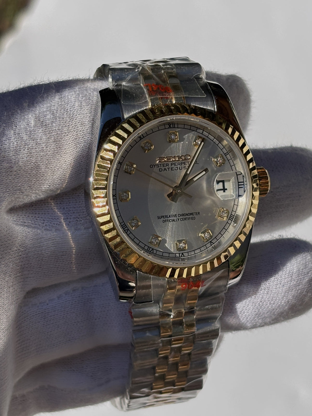 Seiko MOD automata karóra, arany/acél, ezüst számlap, csillogó jelölők, 39 mm, NH34 | Moonlight