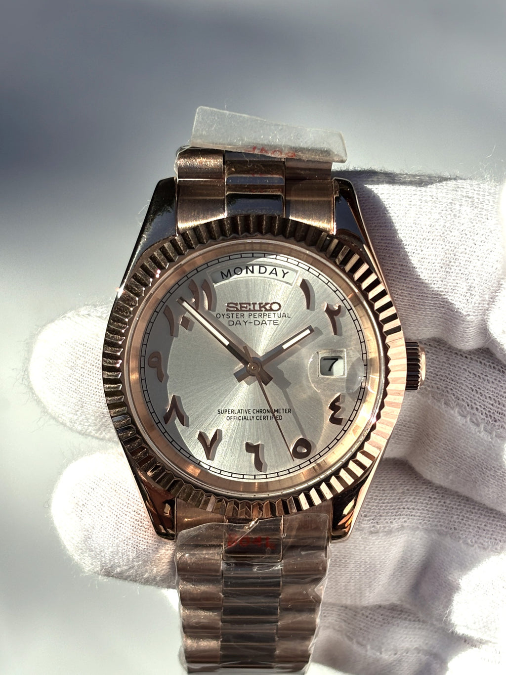 Seiko MOD automata karóra, rose gold, ezüst számlap, arab írású számok, 41 mm, NH34 | Peony