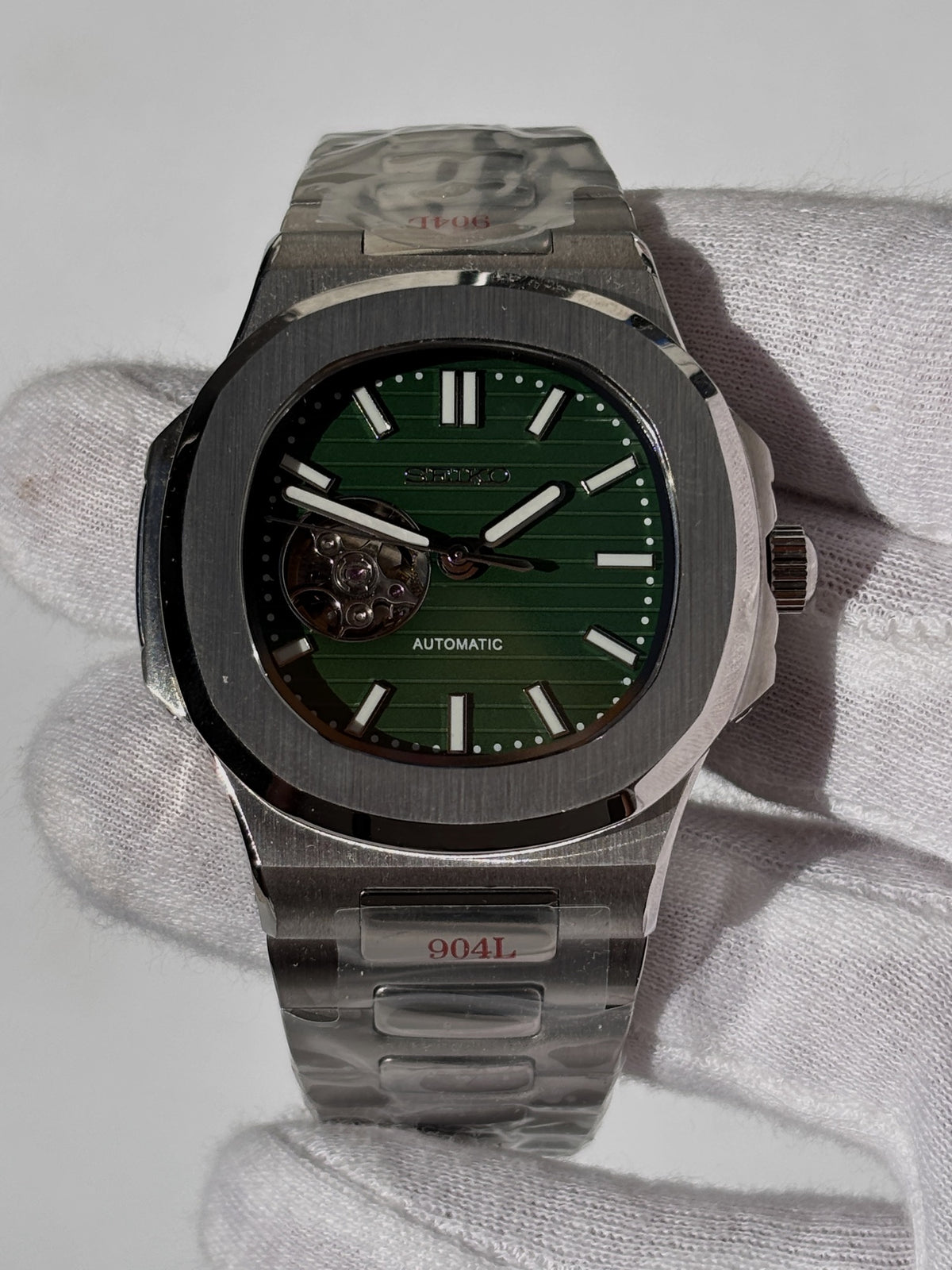 Seiko MOD automata karóra, acél, zöld számlap, nyitott szív (open heart), 41 mm, NH34 | Green Heart