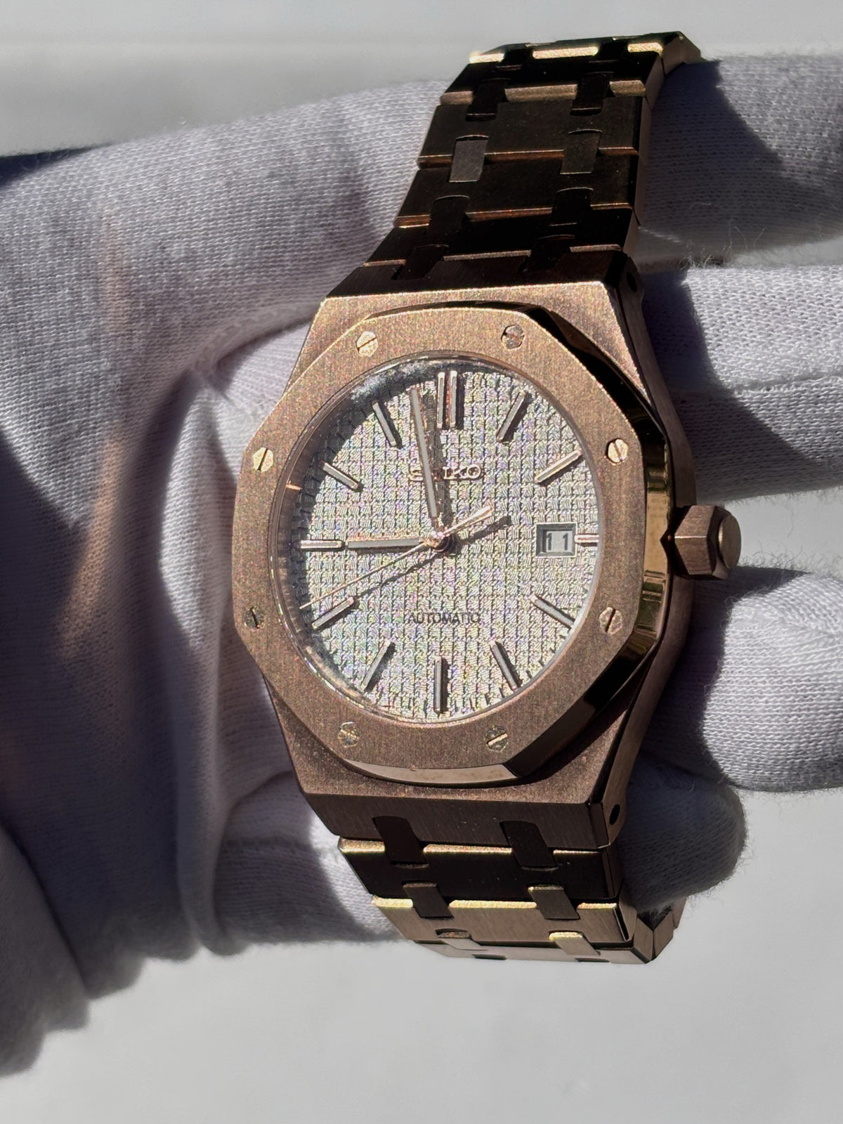 Seiko MOD automata karóra, rose gold, ezüst számlap, 41 mm, NH34 | Rose Dawn