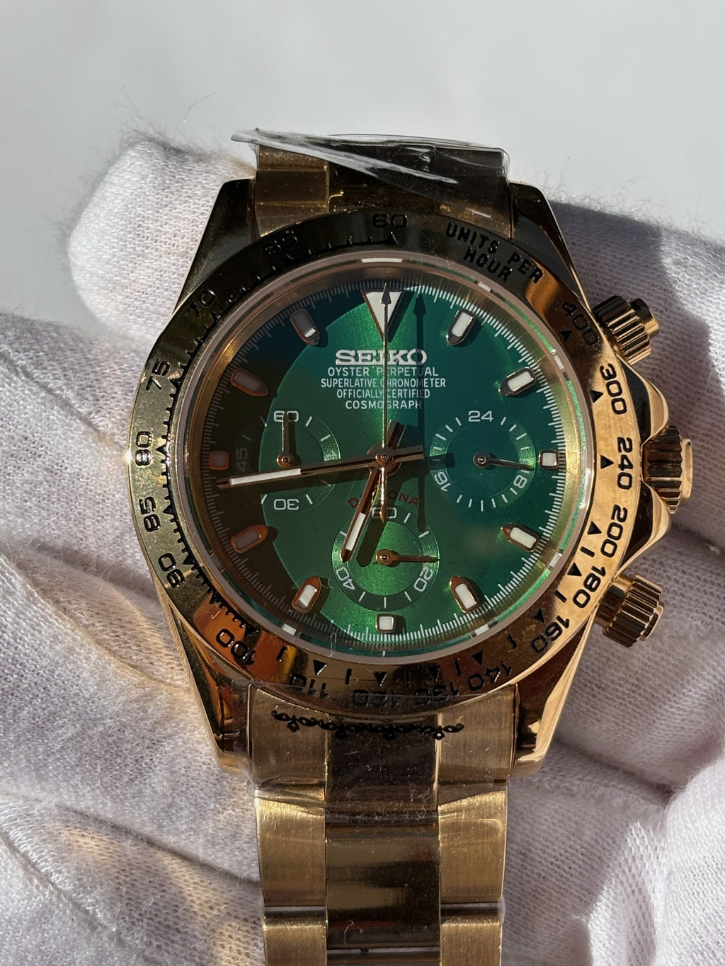 Seiko MOD kronográf karóra, arany, zöld számlap, 40 mm, VK63 | Lime